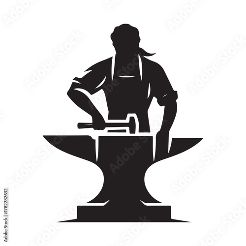 Blacksmith at Anvil vector silhouette outline logo design concept illustration