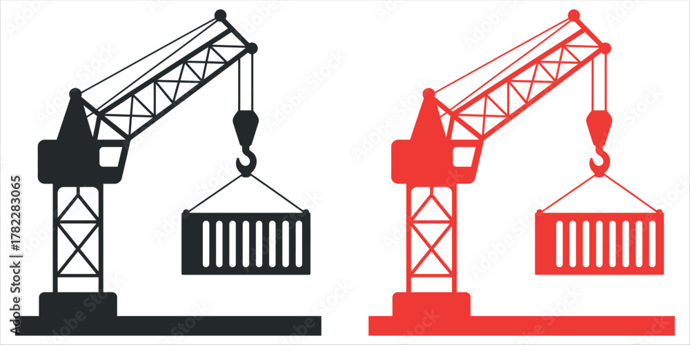 Fototapeta premium Dynamic construction cranes lifting cargo containers in bold black and red, perfect for industrial design projects and modern logistics visuals vector.