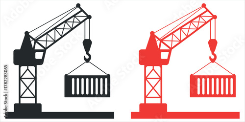 Dynamic construction cranes lifting cargo containers in bold black and red, perfect for industrial design projects and modern logistics visuals vector.