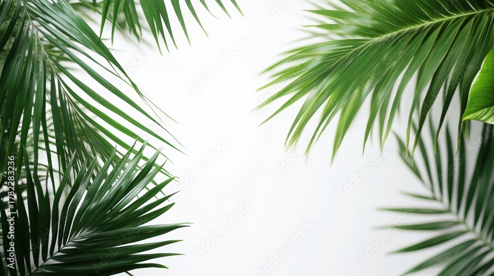 Fototapeta premium Lush green palm leaves frame a bright, minimalist background, creating a serene and tropical atmosphere.