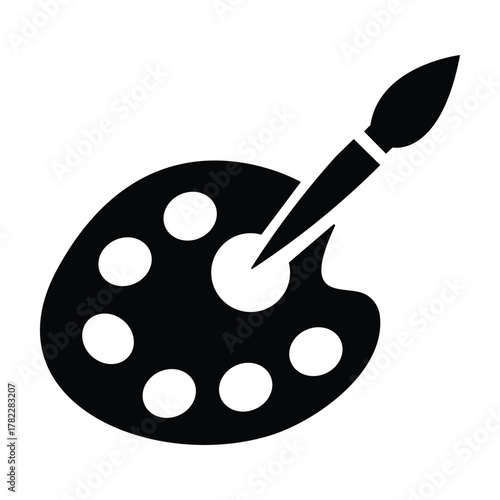 Art palette vector icon with paintbrush symbolizing creativity and design tools in minimalist black-and-white silhouette style