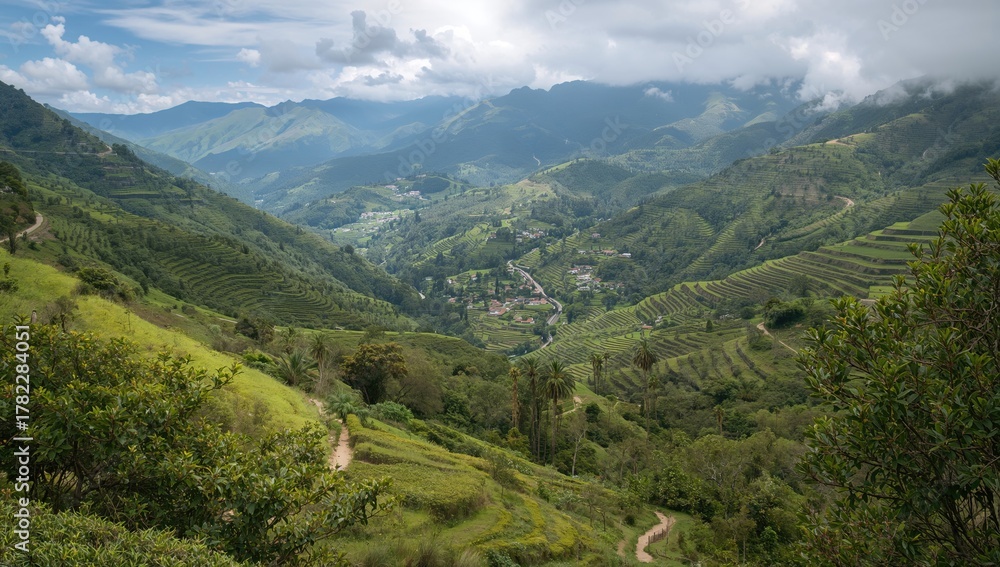 Fototapeta premium Oxapampa Valley features lush green hills and cultural richness, highlighting the need for preservation