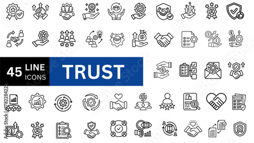 Trust icon set. Containing confidence, credibility, promise, trustworthy, friends, truth, faith, sincerity and honesty. Vector illustration set 