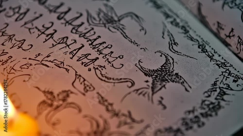 Ancient Manuscript Illuminated by Candlelight Revealing Mystical Symbols and Text.