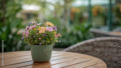 Fototapeta Naklejka Na Ścianę i Meble -  Green pot with flowers and heart on a cafe table, outdoor setting for relaxation