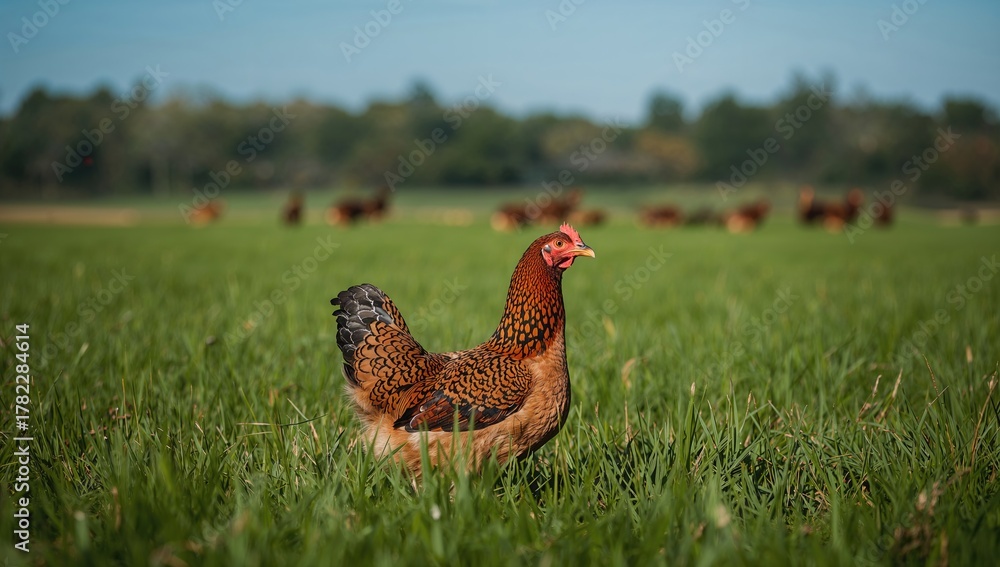 Fototapeta premium Farm chicken bird in a green pasture, showcasing poultry agriculture, Earth Day
