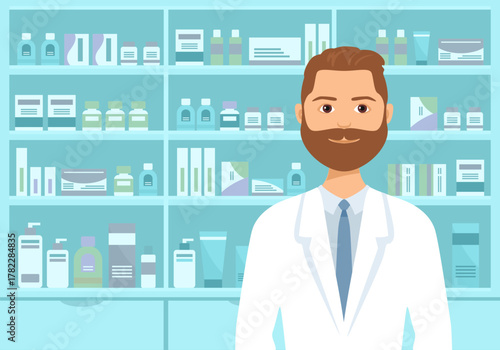 Pharmacist in uniform at drugstore. Vector cartoon flat illustration.