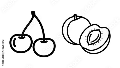 Cherry and Peach Fruit Outline Vector Set for Coloring Book, Healthy Food, and Bakery Menu Design
