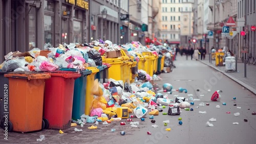 Overflowing Garbage Bins on Urban Street Creating Environmental Concerns in Busy City Setting