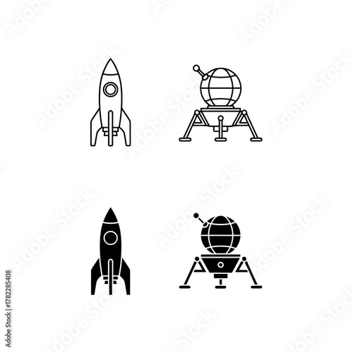 Rocket and Space Lander Icons Set: Collection of Black and White Line and Glyph Vector Symbols Representing Space Travel, Exploration, Technology, Science, and Launch Vehicles.