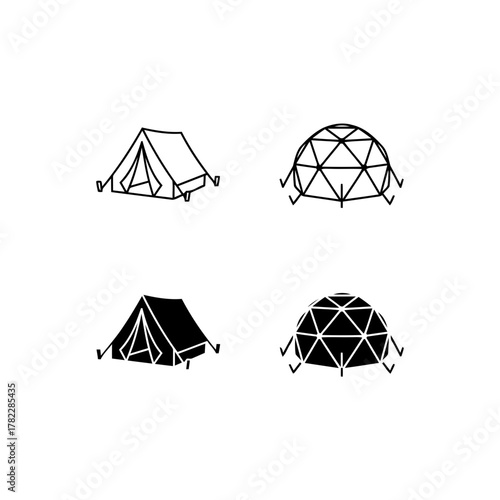 Camping Tent and Geodesic Dome Icons Set: Collection of Black and White Line and Glyph Vector Symbols Representing Outdoor Adventure, Hiking, Shelter, Travel, and Nature Exploration.