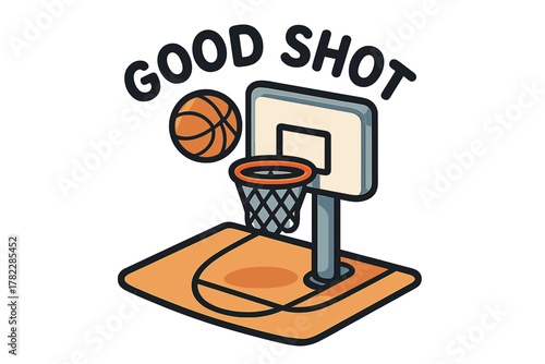 Good shot at a basketball hoop with a bouncing ball in a colorful design on a court background