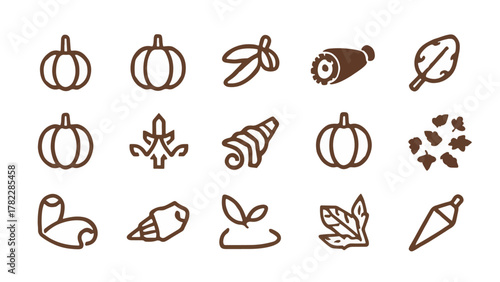 Set of Thanksgiving Autumn Elements in Linear Style Harvest and Fall Decorative Design for Print Logo Postcard Brand Identity Isolated Vector Illustration on White Background