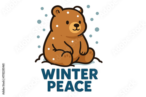 Cute brown bear sitting peacefully in snowflakes during winter, emphasizing the calm of the season and nature?s beauty