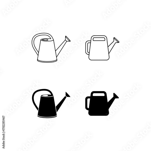 Watering Can Icons Set: Collection of Black and White Line and Glyph Vector Symbols Representing Gardening Tools, Plant Care, Watering, and Horticulture Equipment for Yard and Home.