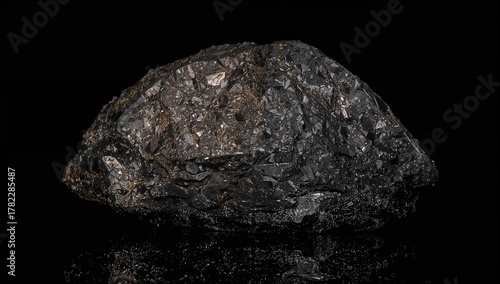 Close-up image of raw Manganese Ore stone on a glossy black surface, mineral composition analysis