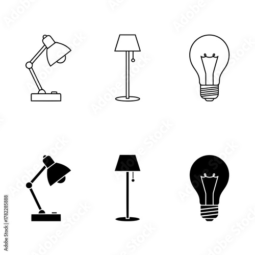 Lighting and Lamp Icons: Desk Lamp, Floor Lamp, and Light Bulb Outline and Glyph Vector Set for Home Decor and Energy Concepts.