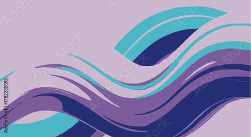 Abstract horizontal wave background vector: Continuous, overlapping, thick, fluid shapes in a cool, calming palette of lavender, deep purple, and aqua blue. Dynamic, artistic, and modern flowing desig
