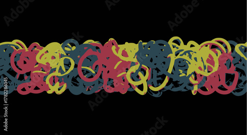 Abstract vector scribble texture: A horizontal band of dense, overlapping, hand-drawn, tangled lines in muted dark teal, red, and mustard yellow on a solid black background. Grunge, artistic, boundary