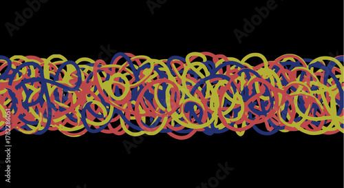 Abstract vector scribble border: A horizontal band of dense, tangled, overlapping lines in primary red, yellow, and blue colors on a solid black background. Chaotic, artistic, messy, texture.