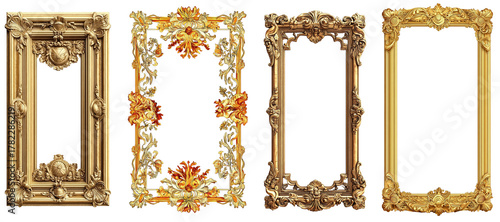 Tall vertical golden ornate picture frames on transparent background
