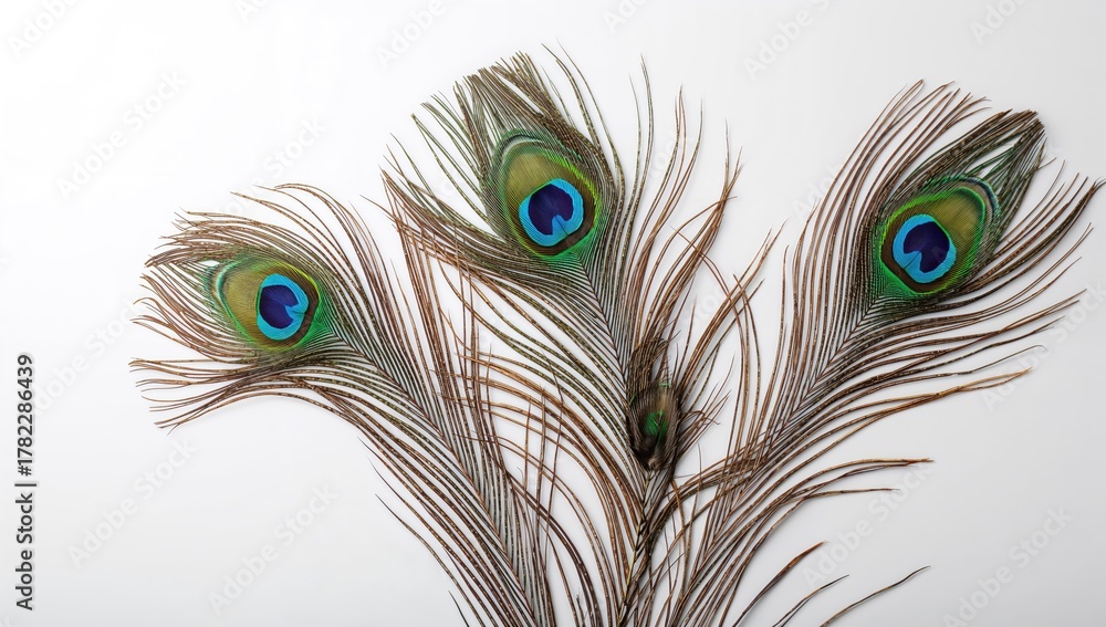 Fototapeta premium Three peacock feathers arranged on a light shaded background, suitable for editorial design