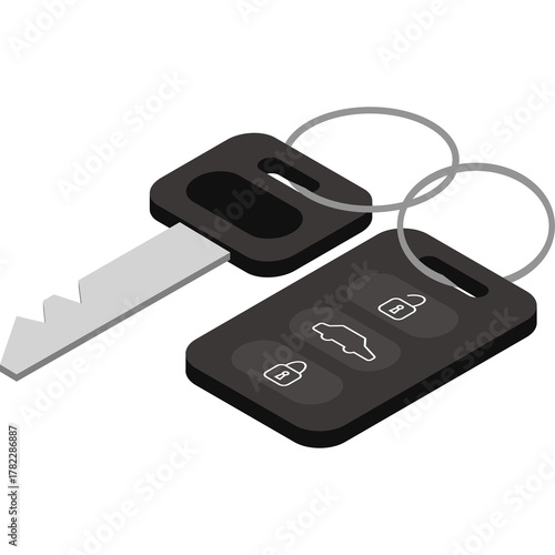 Isometric Flat Graphic Design of Car Keys with Black Fob and Silver Metal Key on Transparent Background
