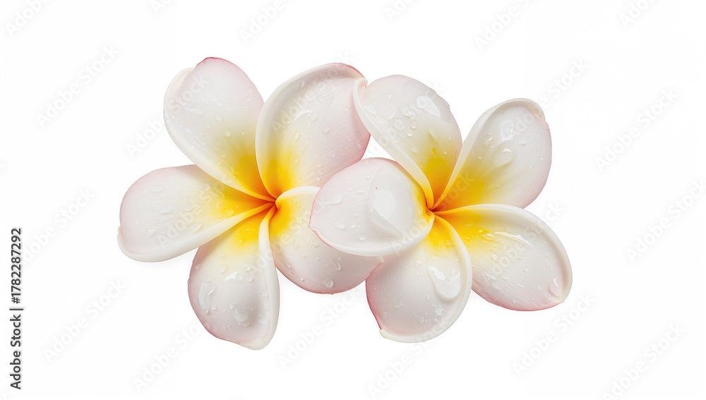 Fototapeta premium Frangipani flowers with droplets on a white backdrop, suitable for editorial header background