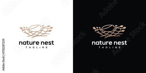 Natural bird nest design concept with leaves. Nest logo template made with lines.	