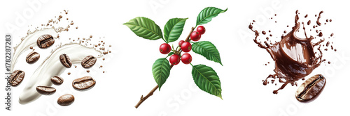 Coffee beans splash and branch set on transparent background