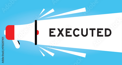 Color megaphone icon with word executed in white banner on blue background