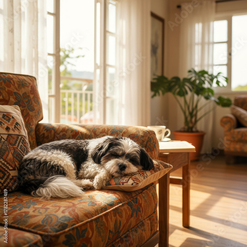 Dog resting on sunny couch in cozy home interior - Cachorro Shih Tzu descansando em sofá dentro de casa brasileira aconchegante