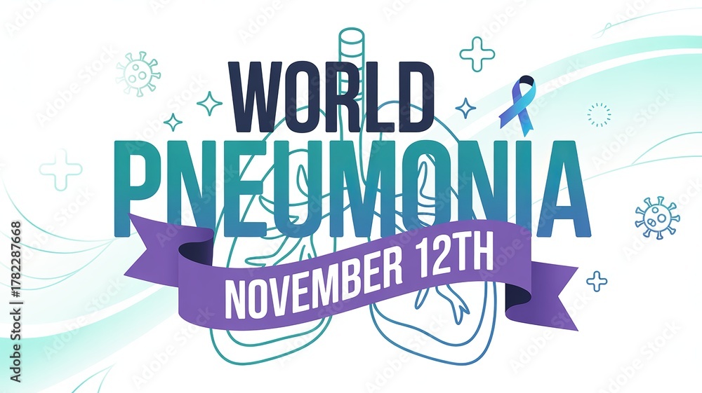 Obraz premium World Pneumonia Day – bold blue-green text, medical lungs, purple ribbon and simple background for November 12 event