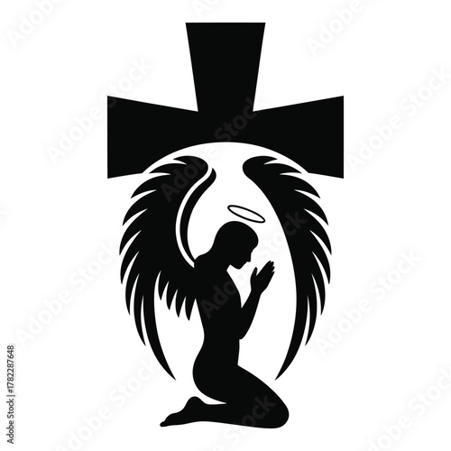 Angel silhouette kneeling in prayer beneath cross expressing faith devotion