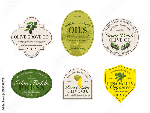 Six unique vector logos highlight olive oil brands, showcasing diverse origins and handcrafting. Each logo reflects quality and authenticity with clear designs.