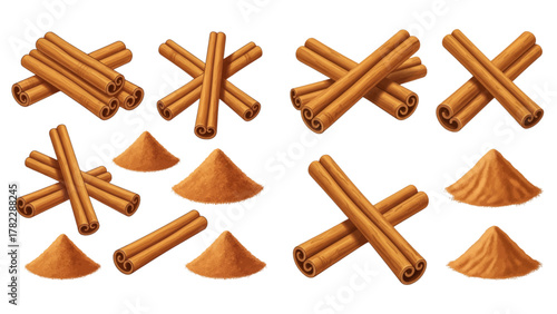 A collection of realistic cinnamon sticks and piles of ground powder, showing the aromatic spice in different forms.