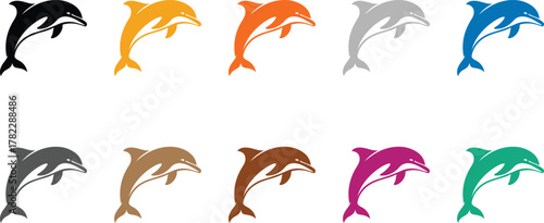 Dolphin icons group in various colors, Bright sea animal silhouette vector design