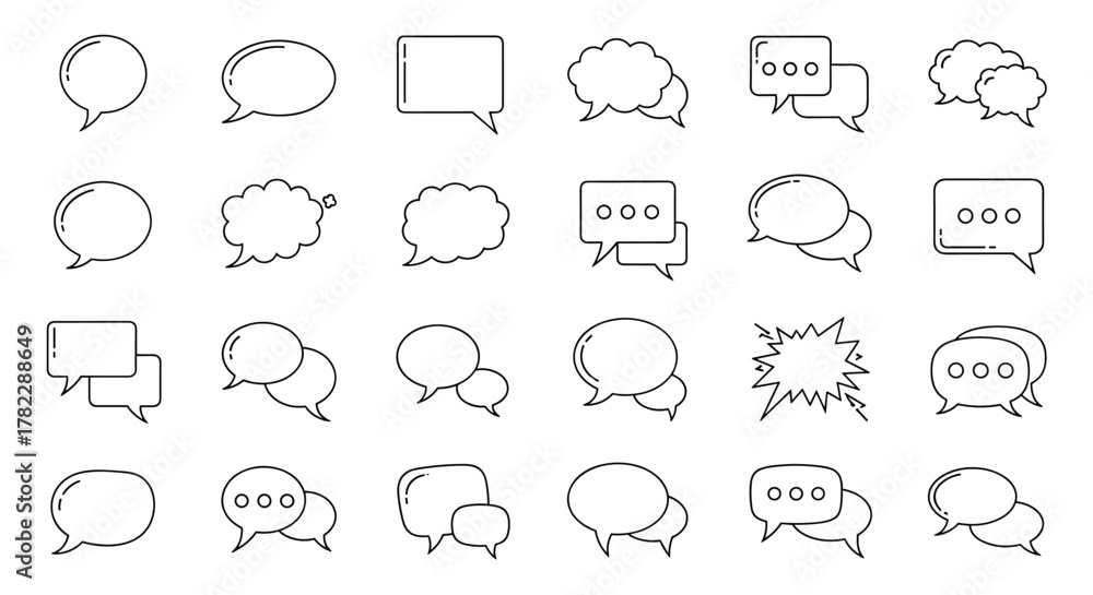 Fototapeta premium Collection of outline speech bubble icons representing communication, dialogue, and conversation, perfect for infographics, articles, books, flyers, and banners, with editable stroke for versatile