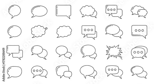 Collection of outline speech bubble icons representing communication, dialogue, and conversation, perfect for infographics, articles, books, flyers, and banners, with editable stroke for versatile