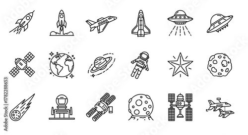 Collection of spaceship-related line icons, featuring rockets, satellites, astronauts, planets, UFOs, and more, perfect for infographics, articles, books, flyers, and banners, presented as a vector