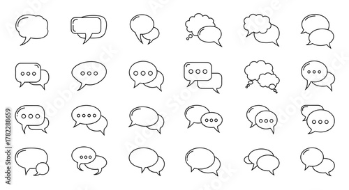 Collection of thin line speech bubbles and talking icons, representing conversation and dialogues. Perfect for web, books, cards, and apps. Editable stroke vector cartoon style, symbolizing