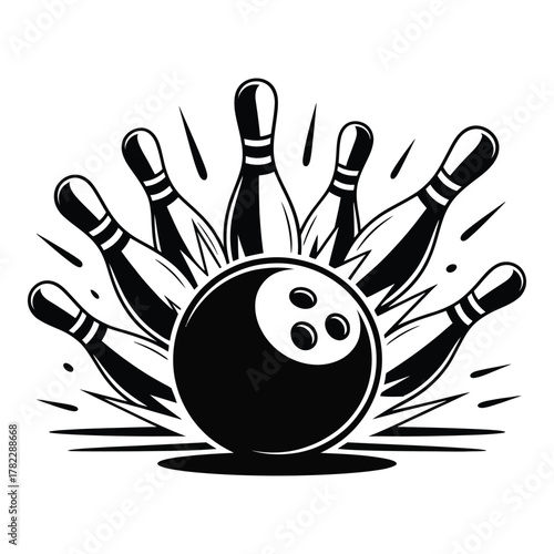 Bowling strike with pins and ball in black and white style