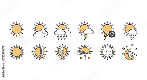 A vibrant and versatile set of weather-related icons, featuring the sun as a central symbol of nature. This collection includes icons for sunny days, cloudy weather, rain, thunderstorms, snow, and