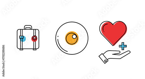 A collection of minimalist line art icons featuring a travel suitcase with blue and red accents, a fried egg with a vibrant orange yolk, and a hand holding a red heart with a blue cross, symbolizing