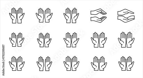 A collection of stylized outline icons representing open hands in various configurations, suitable for graphic design, web development, app interfaces, advertisements, and diverse card designs
