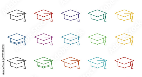 Collection of minimalistic linear pictograms of academic caps in various vivid colors, representing graduation, education, and achievement. These icons are perfect for web design, graphic design