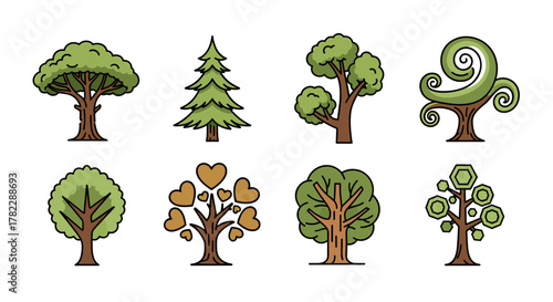 Collection of eight stylized, cartoon-like trees in various shapes and forms, including a classic deciduous tree, a fir tree, a whimsical tree with heart-shaped leaves, a tree with geometric foliage