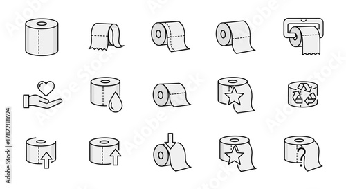 Set of 15 toilet paper icons with editable stroke, perfect for websites, books, cards, and apps. Vector cartoon illustrations on a white background, featuring rolls, dispensers, and related symbols