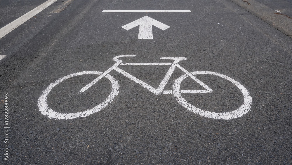 Obraz premium The road sign indicating a bike path, marked with white paint on asphalt, emphasizes safe travel for cyclists