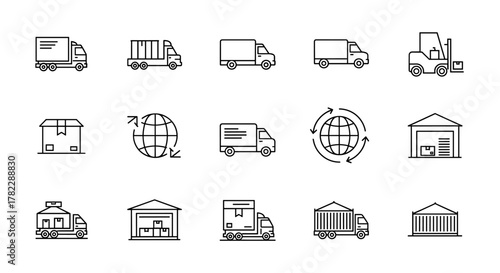 Set of clean line icons representing various aspects of logistics and delivery services, including trucks, vans, cargo boxes, warehouses, forklifts, and global distribution symbols, all with editable